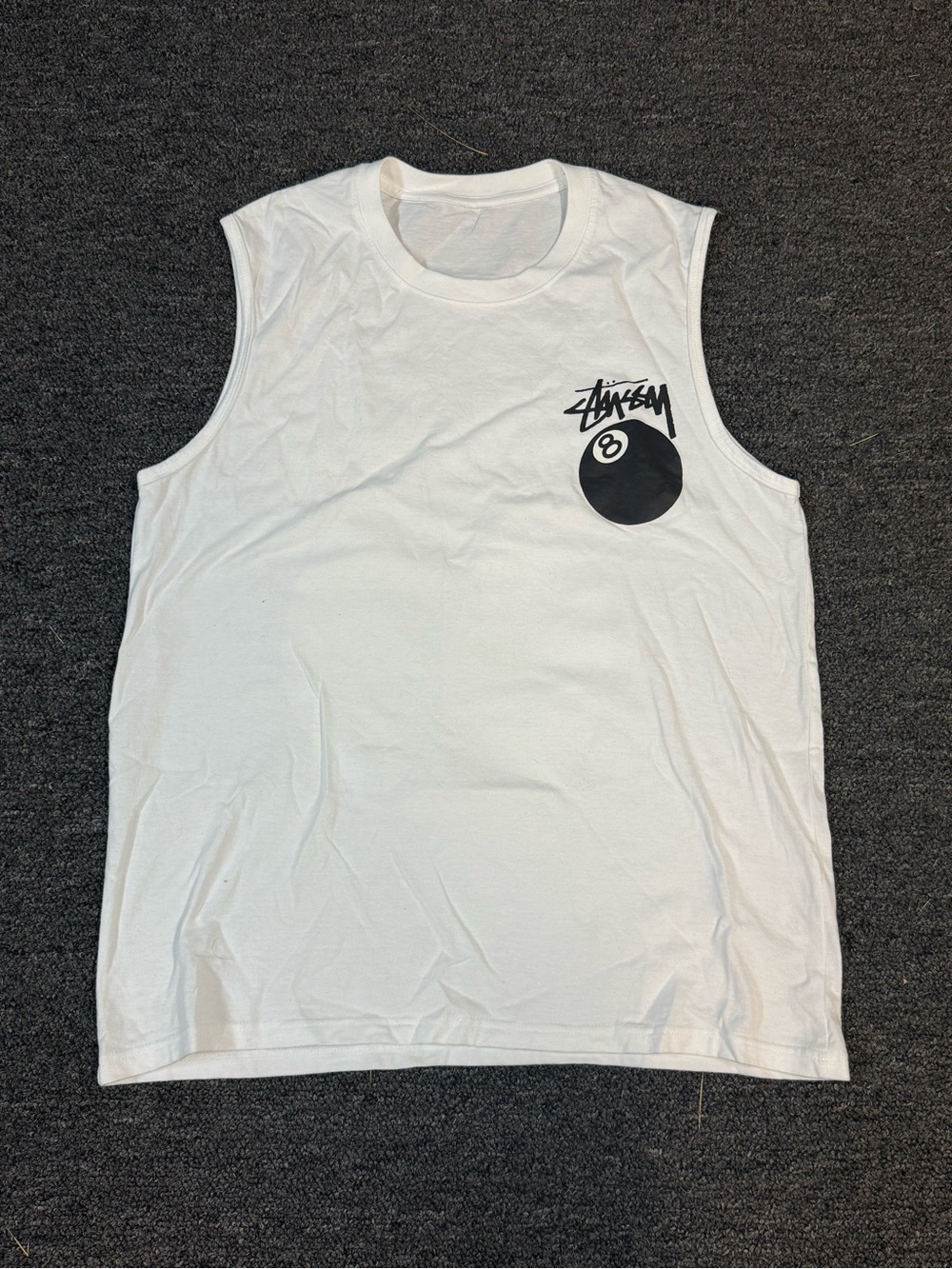 Stussy White Tank Top with Black 8-Ball Graphic